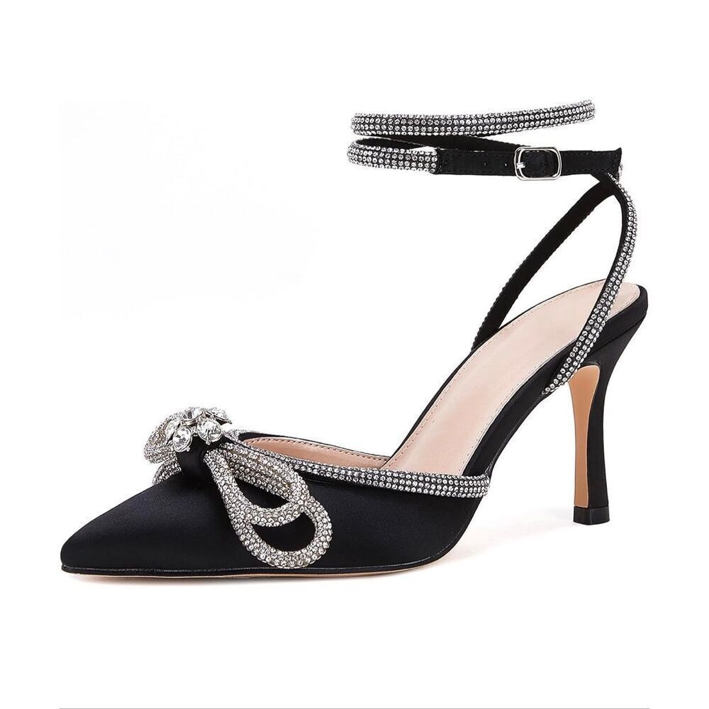 Wedding Rhinestone bow Satin black pointed toe kitten heels stilettos size 8
